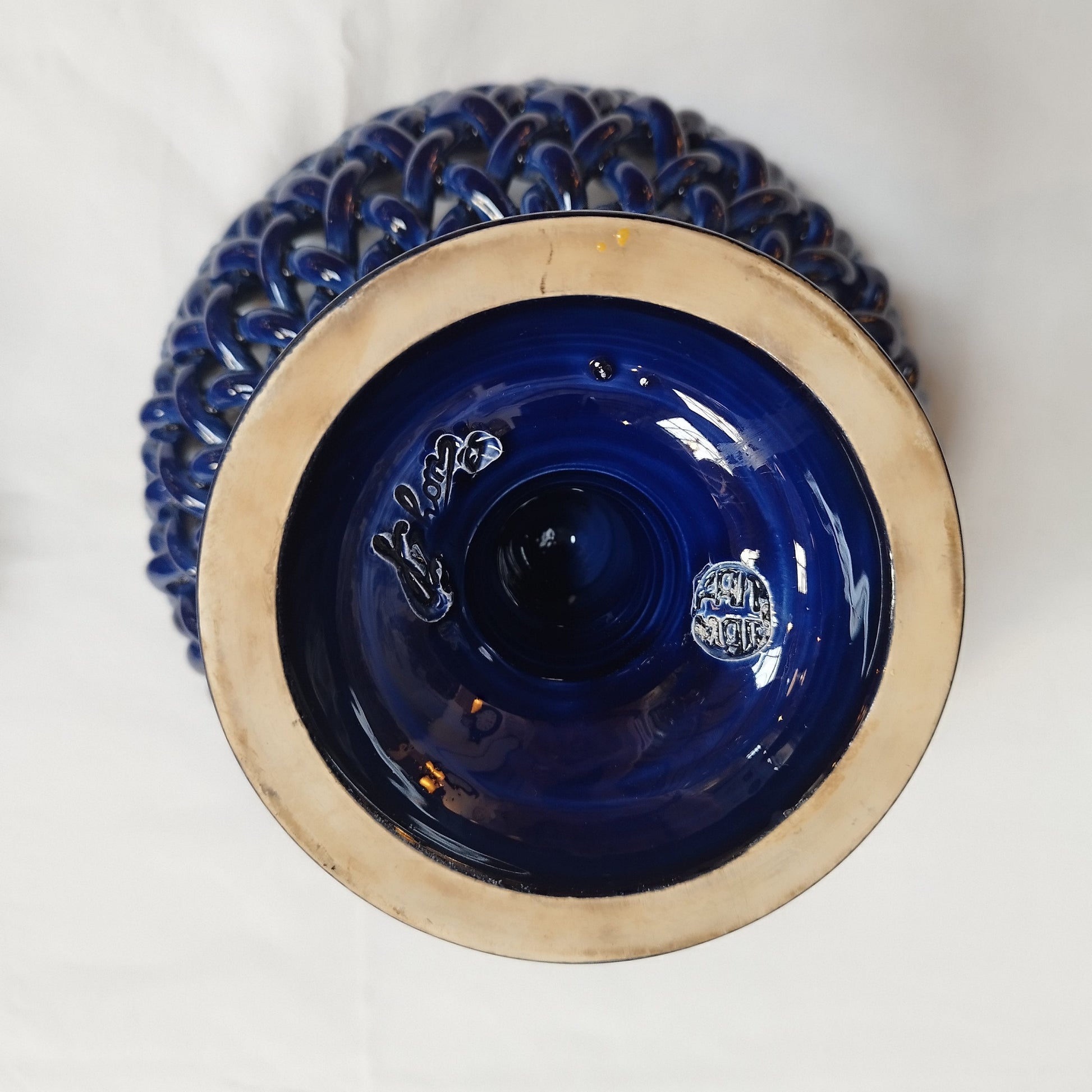 Corbeille en céramique tressée Maison Pichon Uzès bleue